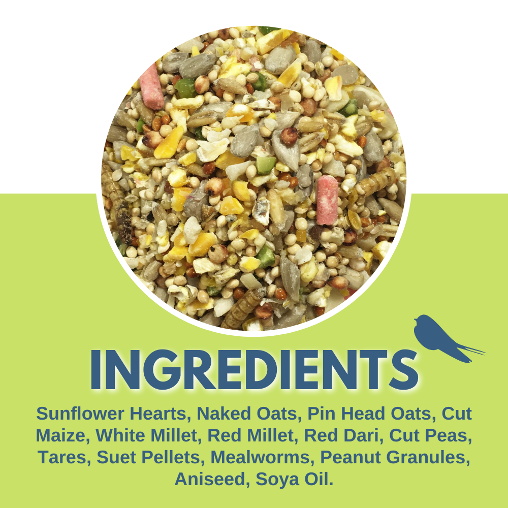 Ingredients: Sunflower Hearts, Naked Oats, Pin Head Oats, Cut Maize, White Millet, Red Millet, Red Dari, Cut Peas, Tares, Suet Pellets, Dried Meal Worms, Split Peanuts, Aniseed