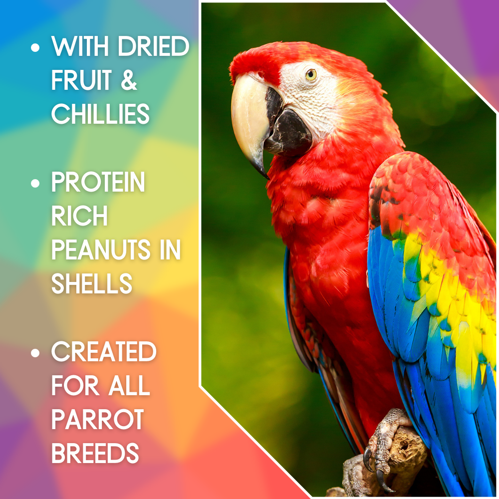 Features: With dried fruit & chillies. Protein rich peanuts in shells. Created for all Parrot breeds.