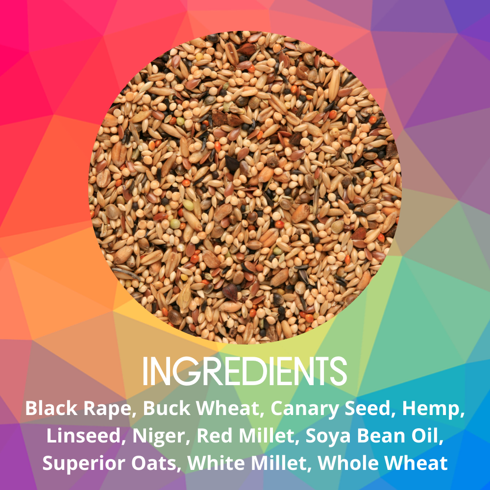 Ingredients: Black Rape, Buck Wheat, Canary Seed, Hemp, Linseed, Nyjer, Red Millet, Soya Bean Oil, Superior Oats, White Millet, Whole Wheat