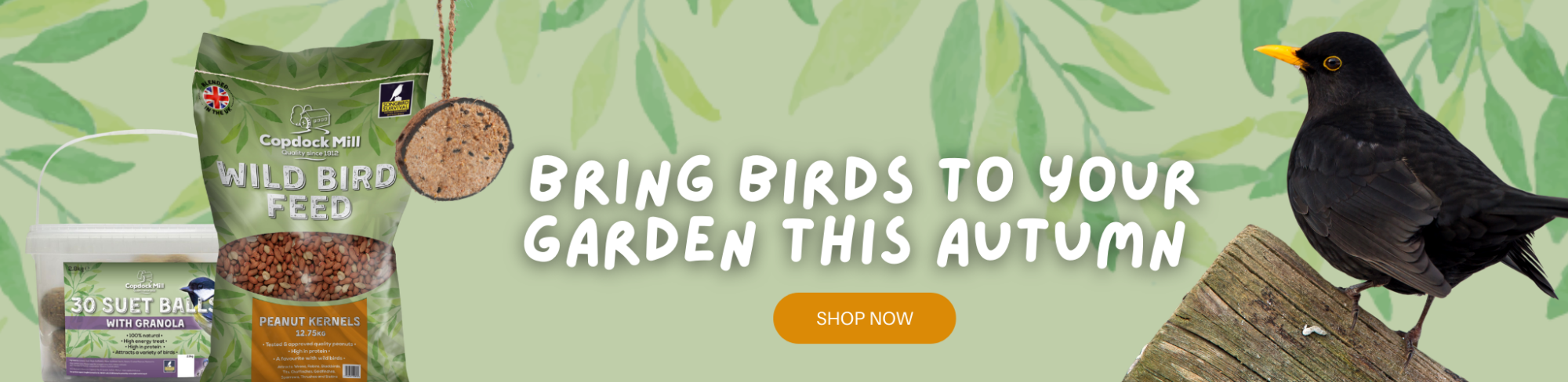 Copdock mill wild bird feeds promotional banner. When clicked this will take you directly to all copdock mill branded products on the site.